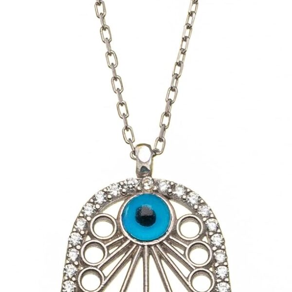 Sterling Silver Hamsa Evil Eye Necklace, Blue Cubic Zirconia Crystal Pendant, 925 Rhodium Plated