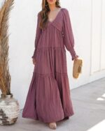 R.Vivimos Maxi Dress for Women Long Sleeve V Neck Empire Waist Layered Ruffle Boho Casual Flowy Long Dresses - Image 4
