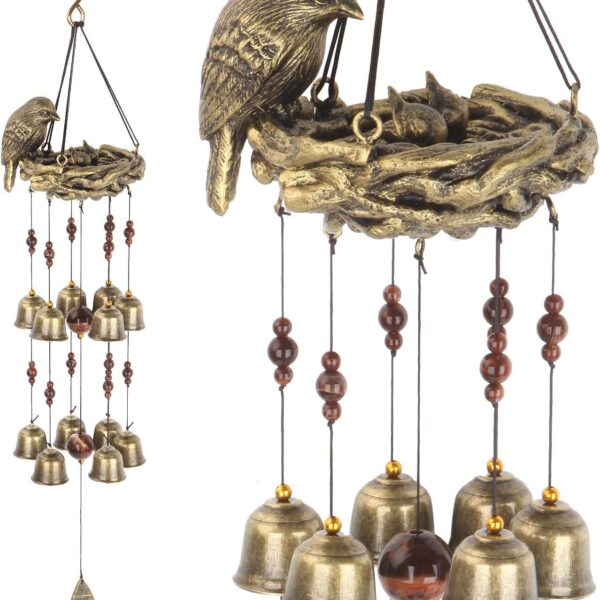 Bird Nest Wind Chime, Bird Bells Chimes with 12 Wind Bells for Glory Mother’s Love Gift, Garden Backyard Church Hanging Decor, Bronze