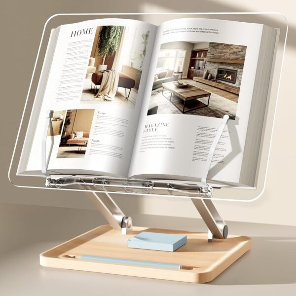 Adjustable Acrylic Book Stand for Reading, UPERGO Book Holder with Pen Slot, Foldable Desktop Riser for Laptop, Recipe, Textbook - Hands-Free,Cookbook Stand, Clear Design with Page Clips