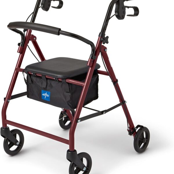 Medline Steel Rollator Walker for Adult Mobility Impairment, Burgundy, 350 lb. Weight Capacity, 6” Wheels, Foldable, Adjustable Handles, Rolling Walker for Seniors