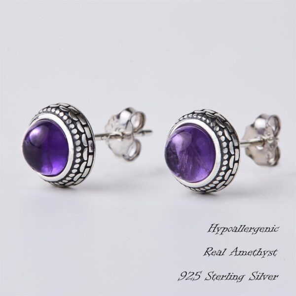 Small Genuine Purple Amethyst 925 Sterling Silver Hypoallergenic Earrings Stud Jewelry for Women Handmade Trendy Western Antiqued Silver Dainty Birthstone Crystal Gift for Women Young Lady