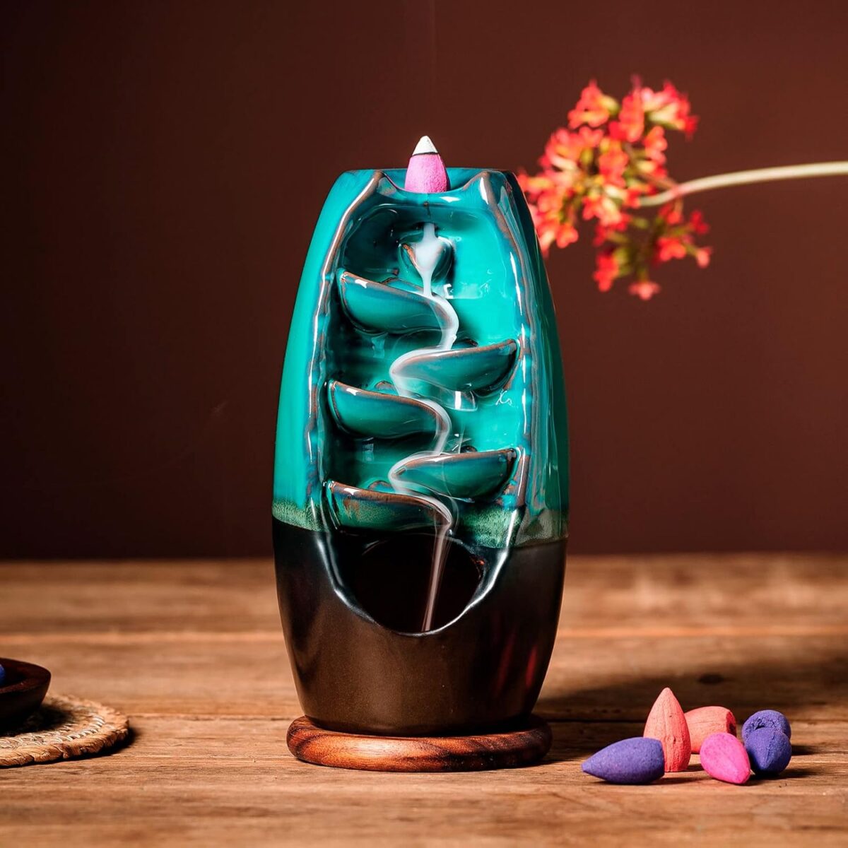 INONE Ceramic Incense Burner with 100 Upgraded Cones, Waterfall Backflow Incense Holder, Aromatherapy Ornament, Zen Decor, Home Decor, Room Decor (Cyan) - Image 4