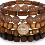 Bohemian Natural Stone Beaded Bracelets for Women Men Stackable Stretch Beads Bracelet Set with Charm and Tassel Multilayered Elastic Gemstone Bracelets Summer Beach Boho Jewelry Gift for Women