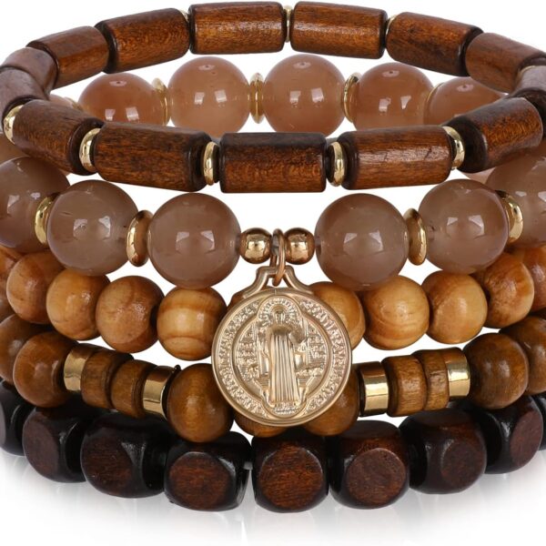 Bohemian Natural Stone Beaded Bracelets for Women Men Stackable Stretch Beads Bracelet Set with Charm and Tassel Multilayered Elastic Gemstone Bracelets Summer Beach Boho Jewelry Gift for Women