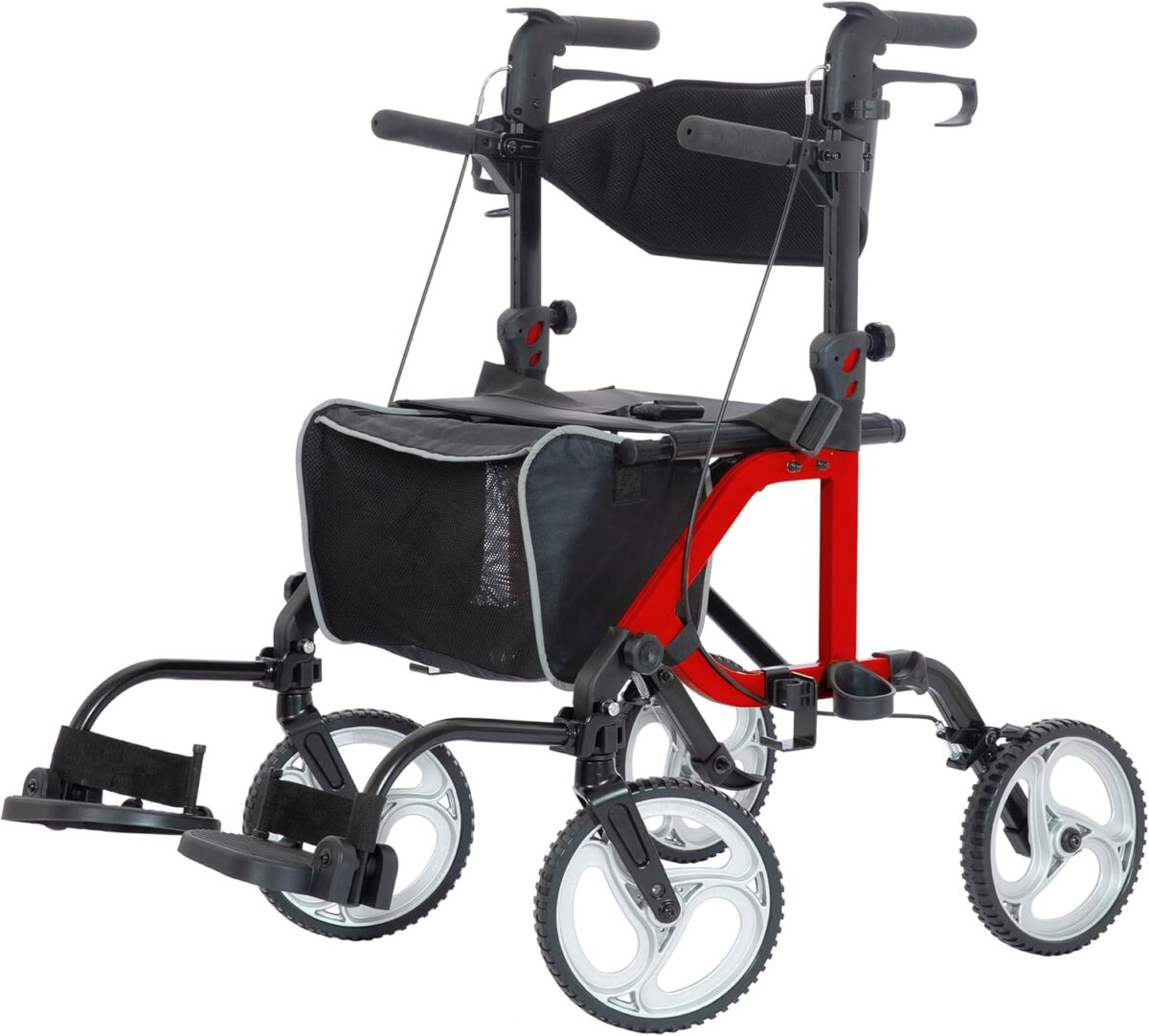 ELENKER 2 in 1 Rollator Walker & Transport Chair, Folding Wheelchair with 10” Non-Slip Wheels for Seniors, Reversible Backrest & Detachable Footrests, red - Image 1