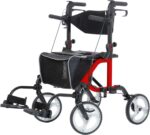 ELENKER 2 in 1 Rollator Walker & Transport Chair, Folding Wheelchair with 10” Non-Slip Wheels for Seniors, Reversible Backrest & Detachable Footrests, red