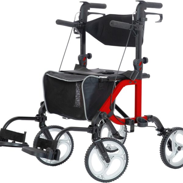 ELENKER 2 in 1 Rollator Walker & Transport Chair, Folding Wheelchair with 10” Non-Slip Wheels for Seniors, Reversible Backrest & Detachable Footrests, red