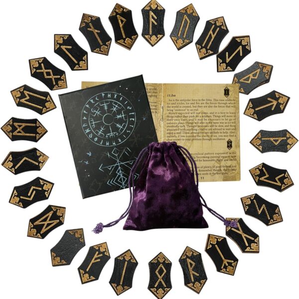 Runes Set, 25Pcs Wooden Viking Rune Stone Set with Guide Book, Velvet Bag, Norse Runas for Beginners,Witchcraft/Divination/Meditation/Spiritual
