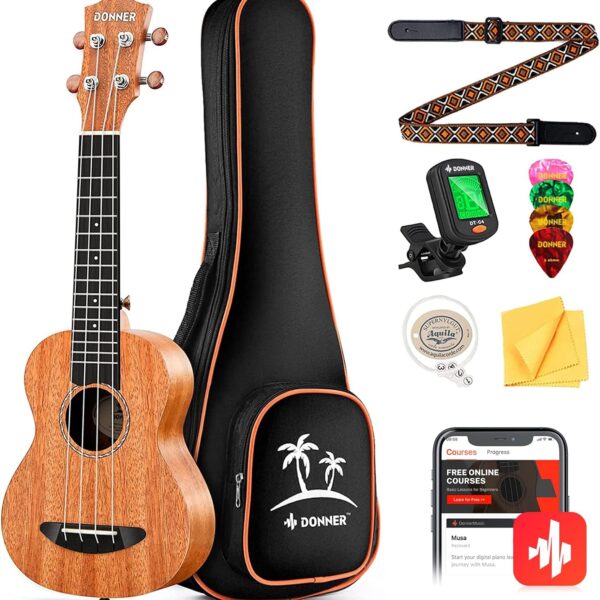 Donner Concert Ukulele Beginner Mahogany 23 Inch Ukelele Kit with Free Online Lesson Gig Bag Strap Nylon String Tuner Picks Cloth DUC-1 Gift Choice