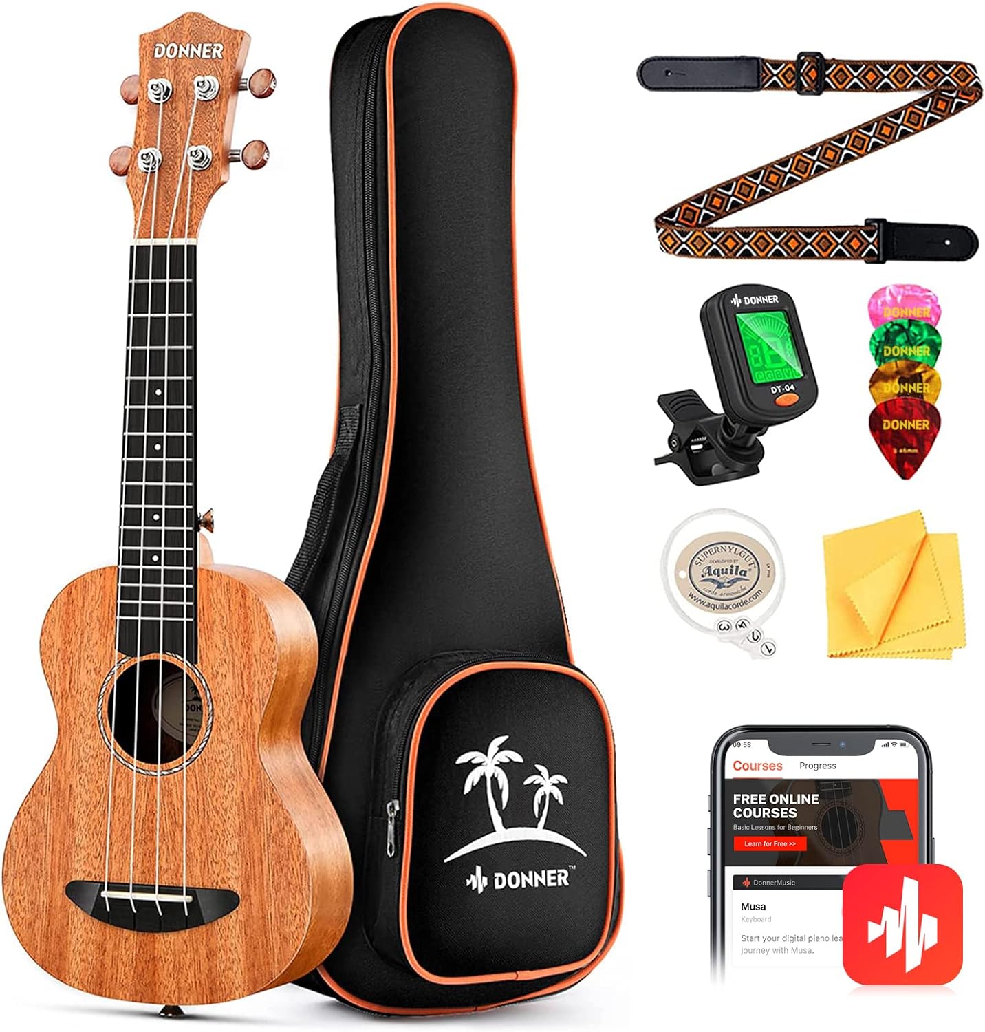 71Zo1y7-t7L._AC_SL1500_.jpg Donner Concert Ukulele Beginner Mahogany 23 Inch Ukelele Kit with Free Online Lesson Gig Bag Strap Nylon String Tuner Picks Cloth DUC-1 Gift Choice - Image 1