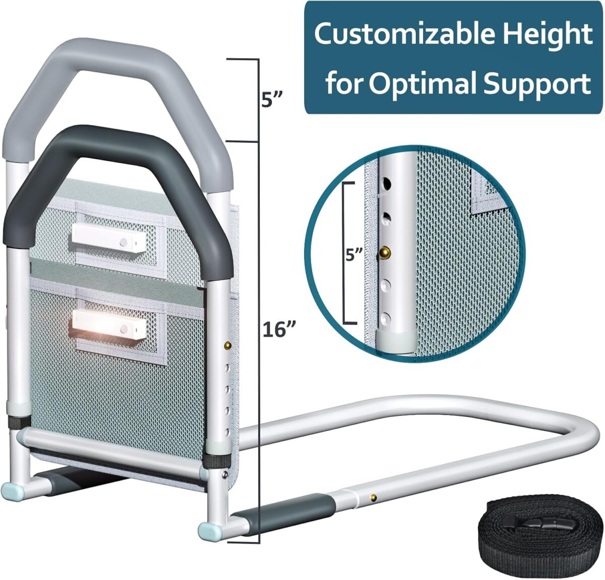 Bed Rails for Elderly Adults Safety - with Motion Light & Storage Pocket - Adjustable Bed Assist Rails for Seniors & Patients - Fits All Beds, Tool-Free Assembly - Image 5