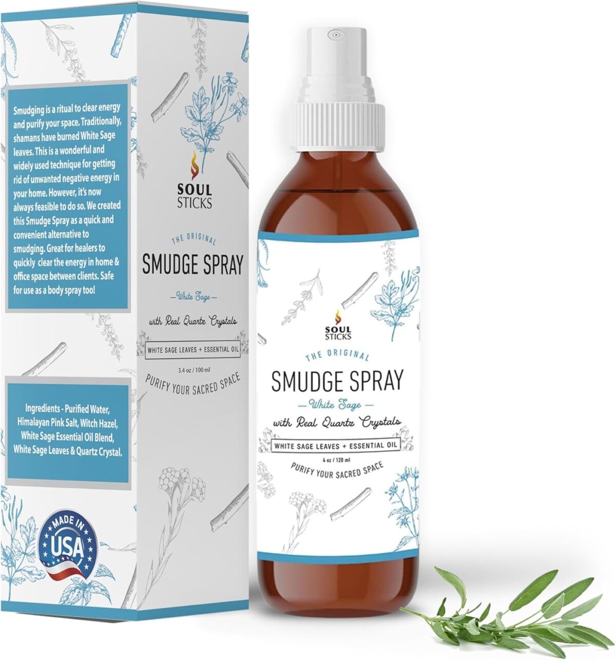 SOUL STICKS White Sage Smudge Spray For Cleansing and Negative Energy | 3.5oz White Sage Spray with Real Quartz Crystals | Sage Room Spray for Spiritual Cleansing Negative Energy and Purifying Home - Image 1