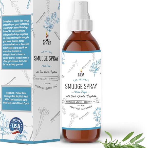 SOUL STICKS White Sage Smudge Spray For Cleansing and Negative Energy | 3.5oz White Sage Spray with Real Quartz Crystals | Sage Room Spray for Spiritual Cleansing Negative Energy and Purifying Home