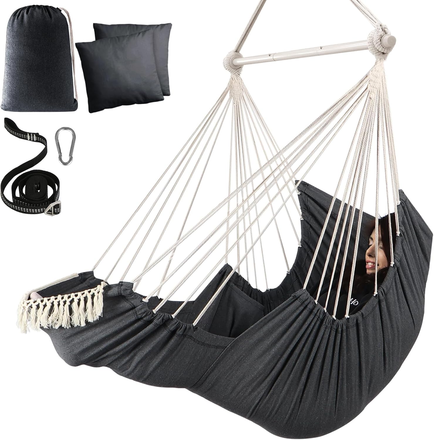 71ajjEgMWQL._AC_SL1500_.jpg Chihee Hammock Chair Hanging Chair with Foot Rest 2 Cushions Max 500lbs Robust Metal Spreader Bar Collapsible Easy Storage Soft Cotton Swing Chair Strong Strap Iron Carabiner Side Pocket Included - Image 1