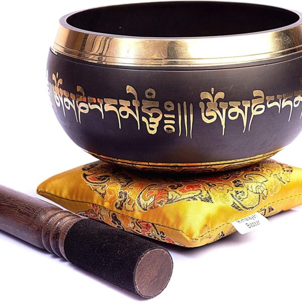 Tibetan Singing Bowl Set Bronze - Master Healing Grade - With Tibetan Thangka Art - Pure Tone By HIMALAYAN BAZAAR (Black & Yellow)