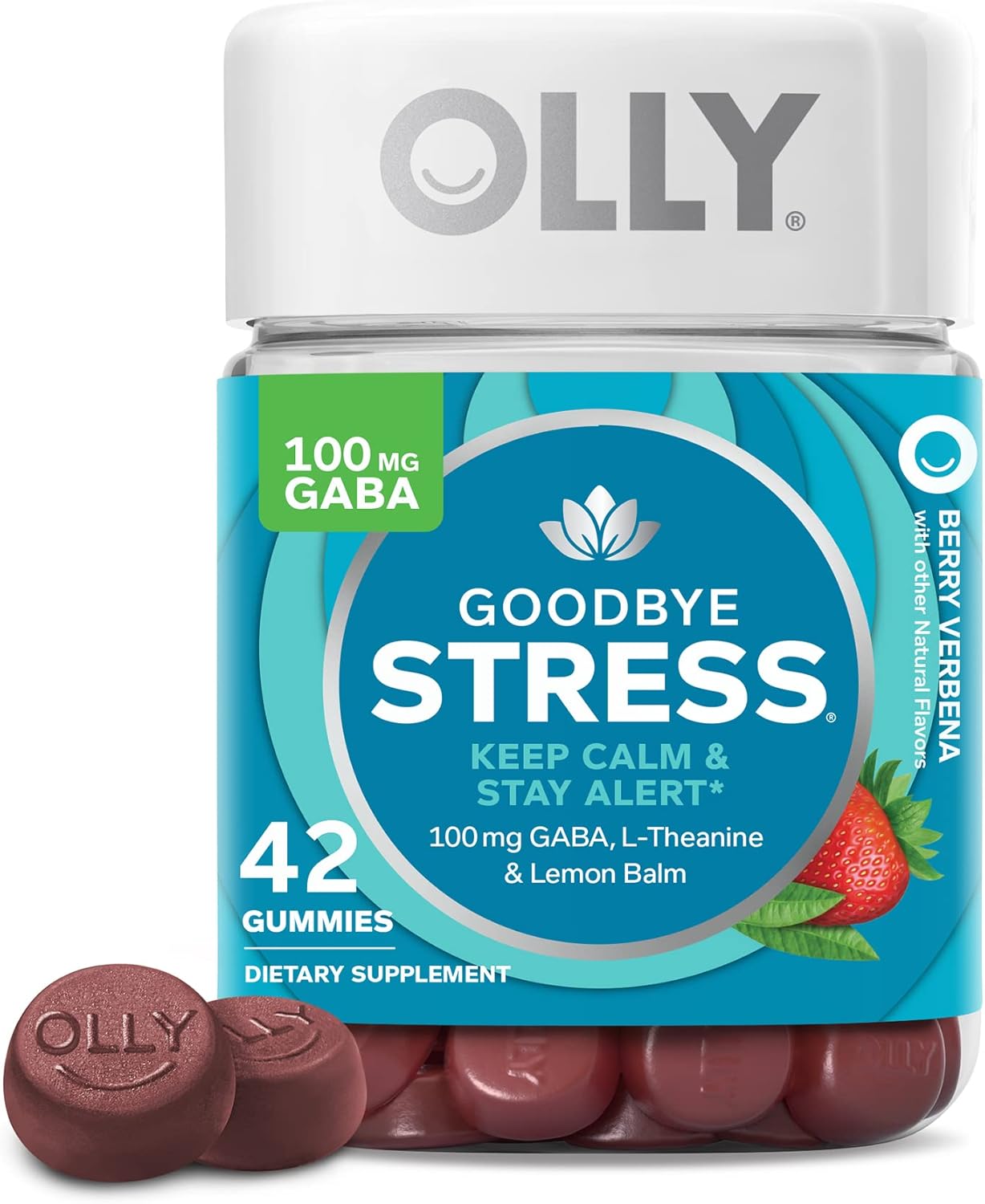 71b-x6UW7L._AC_SL1500_.jpg OLLY Goodbye Stress Gummy, GABA, L-Theanine, Lemon Balm, Stress Relief Supplement, Berry - 42 Count - Image 1
