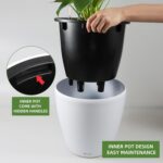 Dexceder 18x17 Self Watering Planter with Wheels Indoor Outdoor, Inner Pot Design, Thickened Large Floor Standing Flower Plant Pot with Water Level Indicator (White Matte) - Image 4