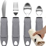 BUNMO Utensils for Elderly, Arthritis, Weak Hand Grip, Tremors & Handicapped - Convenient Travel Pouch - 2.6oz Lightweight - Stainless Steel - Eat Independently - Adaptive Gray 4 Piece Set