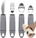 BUNMO Utensils for Elderly, Arthritis, Weak Hand Grip, Tremors & Handicapped - Convenient Travel Pouch - 2.6oz Lightweight - Stainless Steel - Eat Independently - Adaptive Gray 4 Piece Set