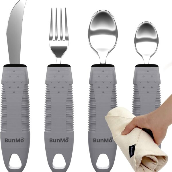 BUNMO Utensils for Elderly, Arthritis, Weak Hand Grip, Tremors & Handicapped - Convenient Travel Pouch - 2.6oz Lightweight - Stainless Steel - Eat Independently - Adaptive Gray 4 Piece Set