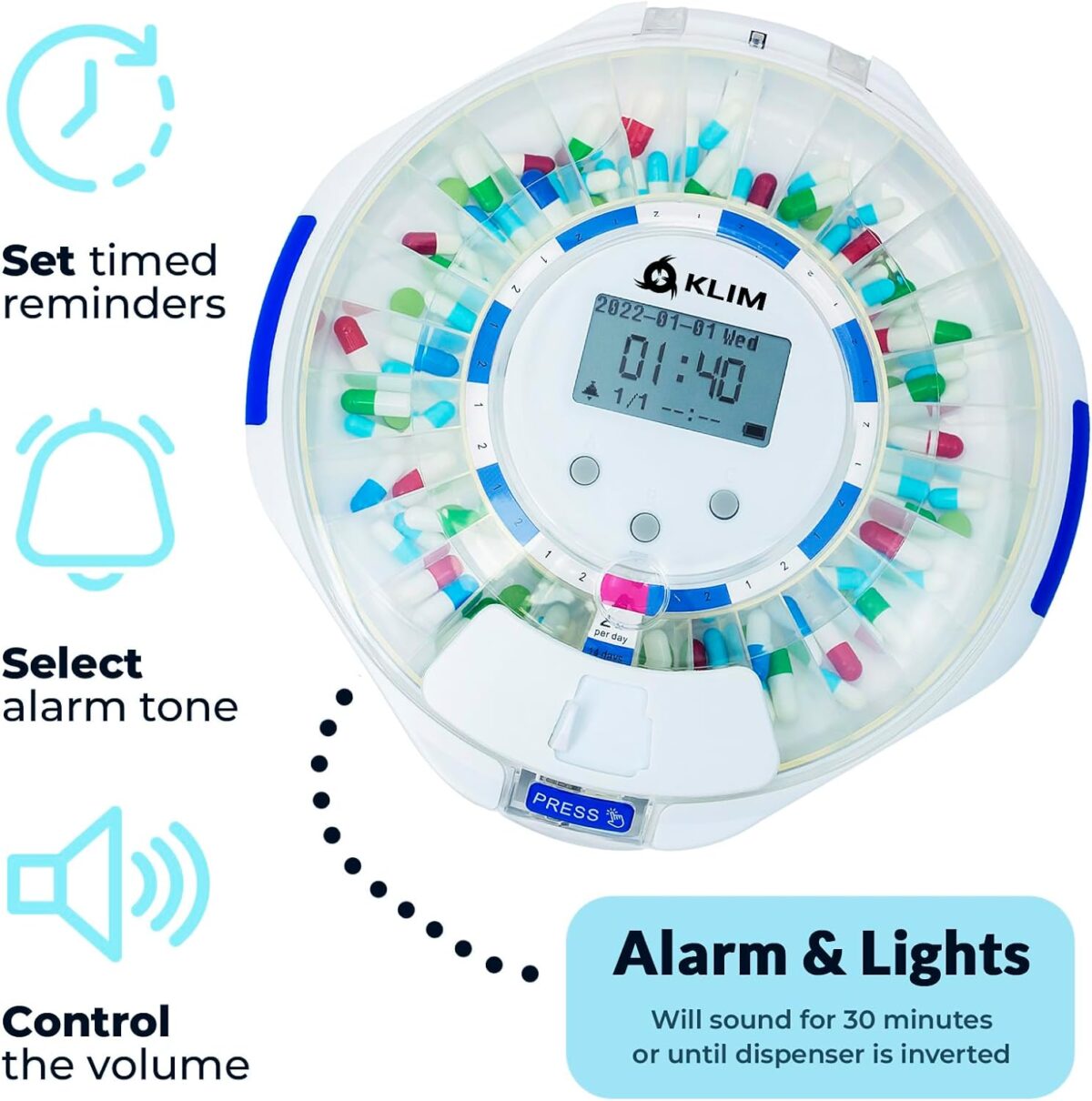 KLIM Smart Pill Dispenser Machine with Alarm + WiFi App Monitoring + 28 Day Medicine Dispenser + Automatic Pill Dispenser for Elderly with Alarm & Alzheimers Care + Lock Key + New 2024 - Image 3