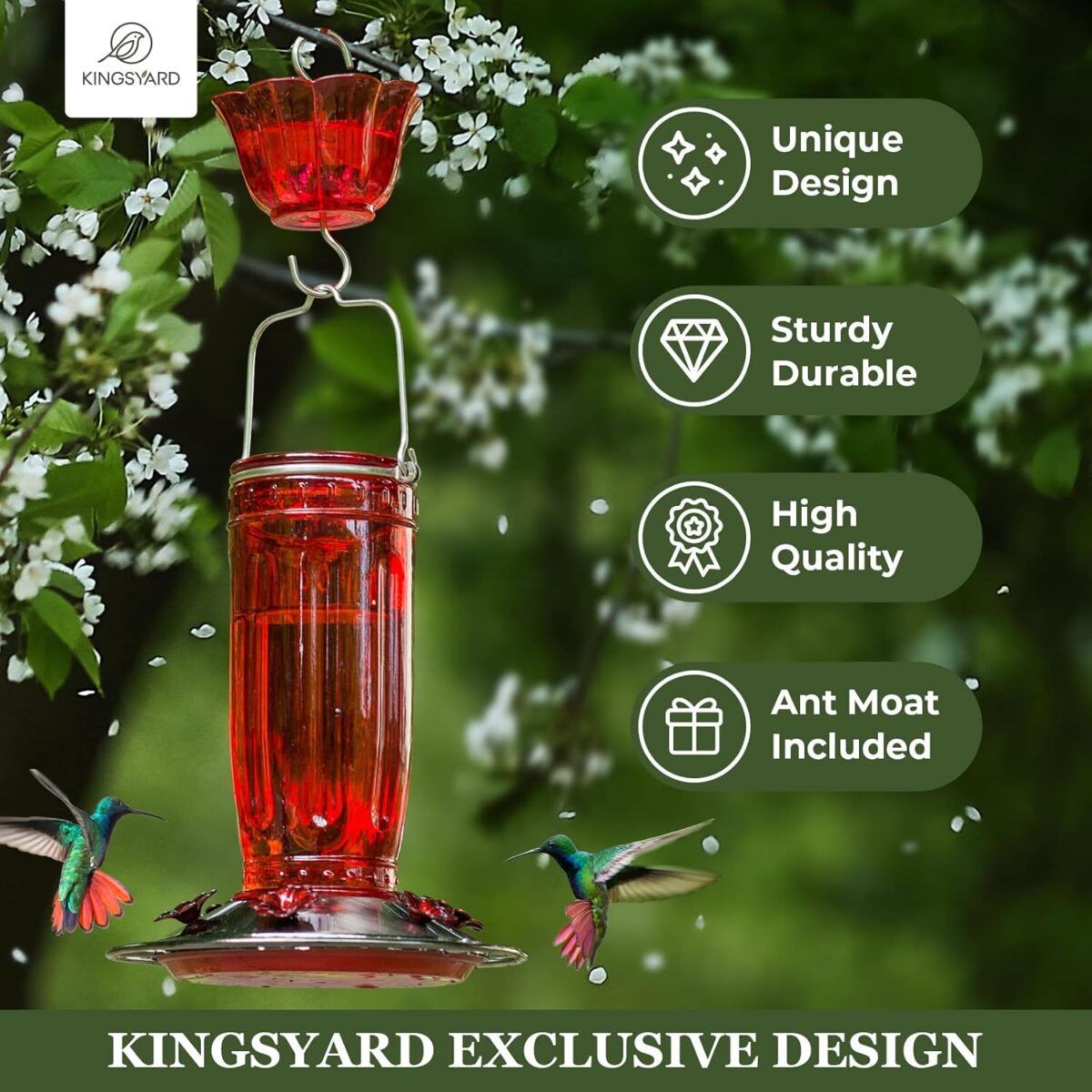 Kingsyard Glass Hummingbird Feeder for Outdoors Wild Bird Feeder with 6 Feeding Ports Hanging for Garden Yard, Red (Ant Moat Included) - Image 3