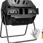 F2C Compost Tumbler Bin 43 Gallon Dual Chamber Compost Bin - Includes Gardening Gloves，BPA Free, Heavy-Duty Steel Frame, Rotating Tumbler with Sliding Doors | (Black)