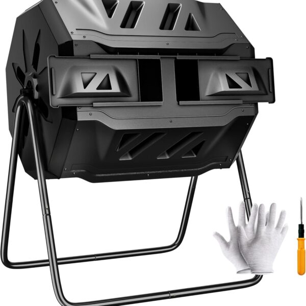 F2C Compost Tumbler Bin 43 Gallon Dual Chamber Compost Bin - Includes Gardening Gloves，BPA Free, Heavy-Duty Steel Frame, Rotating Tumbler with Sliding Doors | (Black)