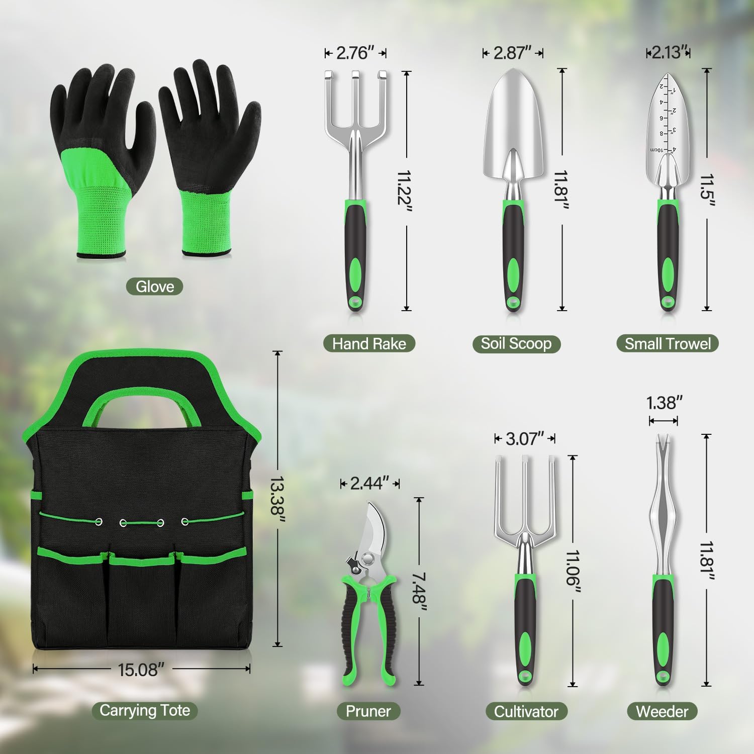 71c-ziM7s8L._AC_SL1500_.jpg sungwoo Garden Tool Set 8 Piece, Heavy Duty and Lightweight Aluminium Alloy Tools with Ergonomic Handle, Storage Tote Bag, Gardening Hand Tools, Gardening Gifts for Women and Men Green - Image 1