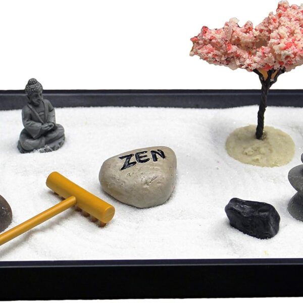 Nature's Mark Mini Zen Garden Kit for Desk with Rake, White Sand, Buddha, Lantern, Black Rectangle Base, River Rocks and Mini Blossom Tree (8Lx5W C)
