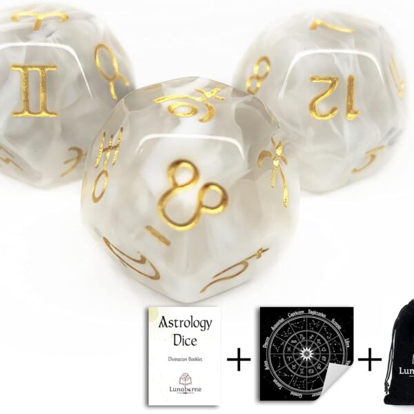 Lunaborne Astrological Divination Dice - Includes Instruction Booklet, Divination Cloth, & Velvet Drawstring Bag