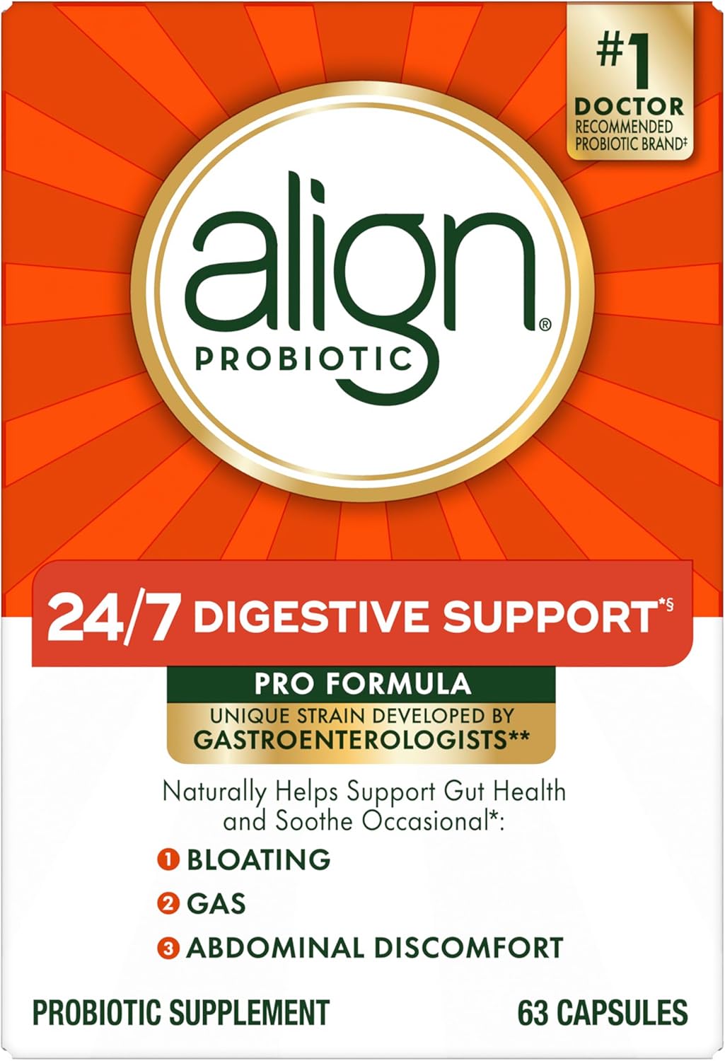 71c61GbOojL._AC_SL1500_.jpg Align Probiotic, Pro Formula, Probiotics for Women and Men, Daily Probiotic Supplement, Helps Soothe Occasional Bloating & Gas*, #1 Doctor Recommended Brand‡, 63 Capsules (Packaging May Vary) - Image 1
