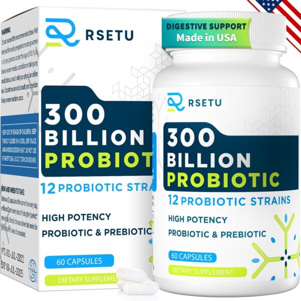 Probiotics for Women Men: 300 Billion CFU Probiotic High Potency + 12 Strains Organic Probiotics with Prebiotics, Daily Probiotic Supplement for Digestive, Gut, Immune and Bloating Health, 60 Capsules