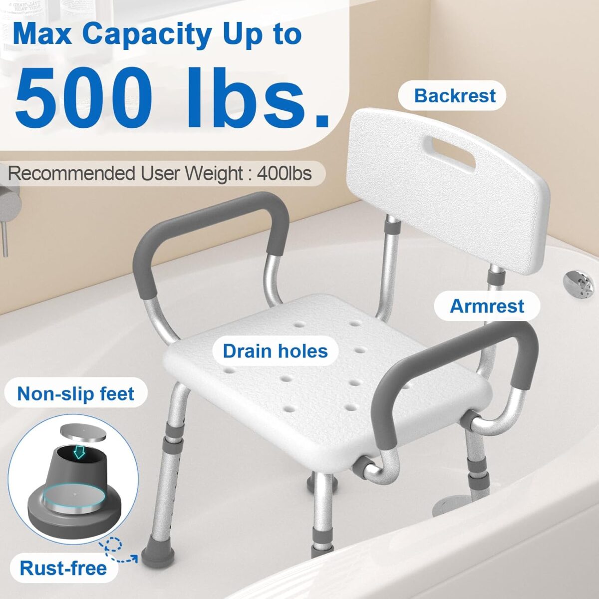 Shower Chair for Inside Shower with Arms and Back, FSA/HSA Eligible 500 lbs Heavy Duty Shower Seat for Bathtub, Height Adjustable Safety Bath Seat for Elderly, Adults, Handicap and Disabled - Image 2