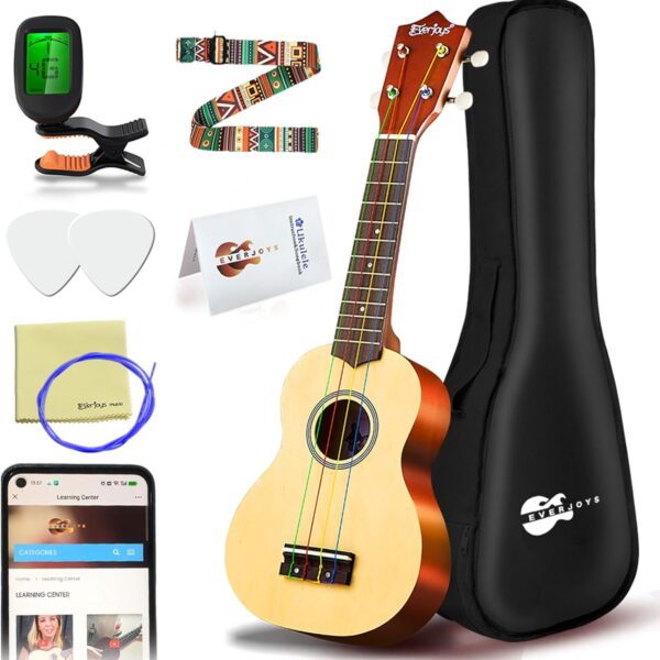 Everjoys Soprano Ukulele Beginner Pack-21 Inch w/Rainbow String Free Online Lesson Gig Bag Fast Learn Songbook Digital Tuner Pick All in One Kit