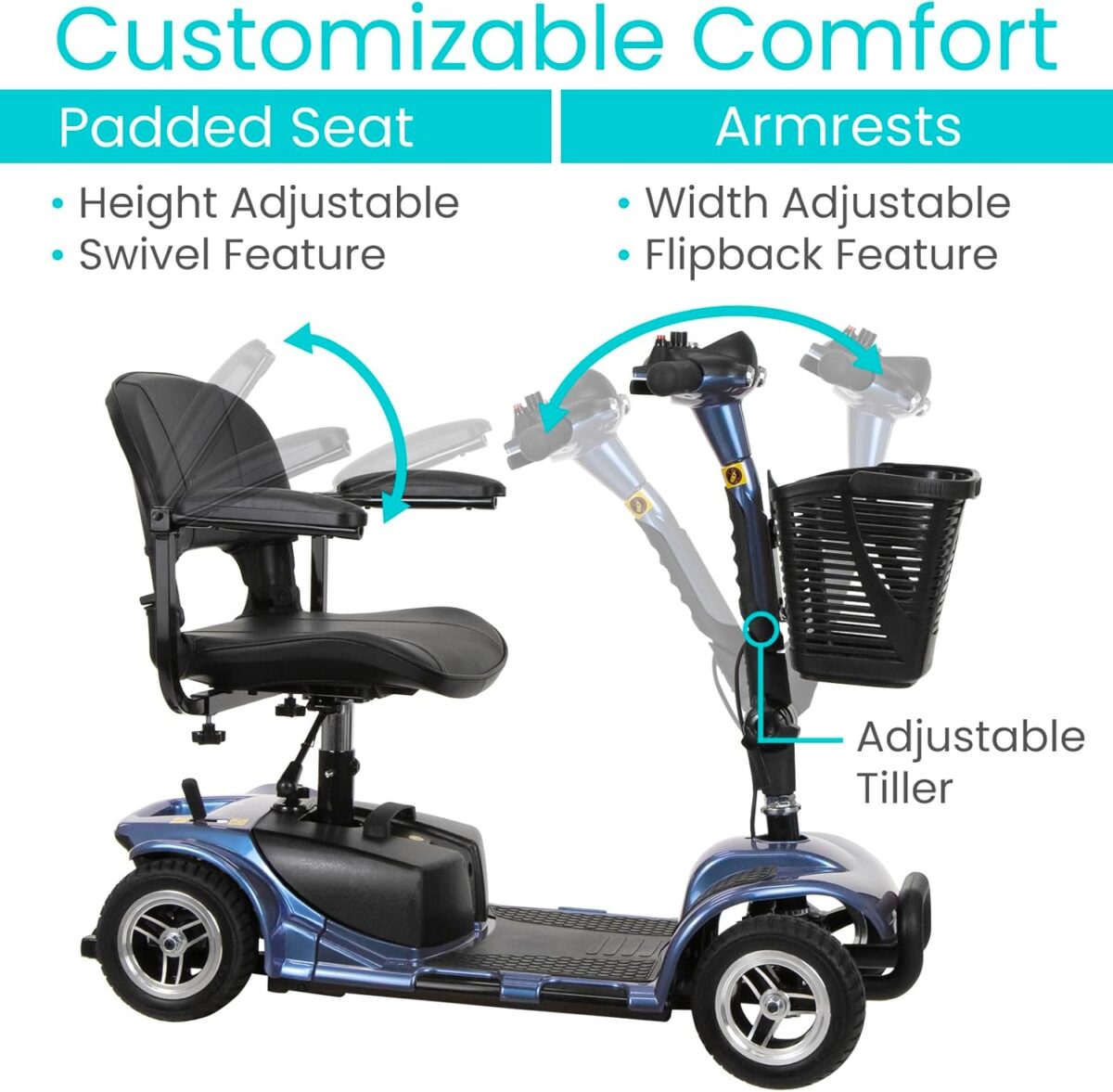 Vive 4 Wheel Mobility Scooter - Electric Powered Wheelchair Device - Compact Heavy Duty Mobile for Travel, Adults, Elderly - Long Range Power Extended Battery with Charger & Basket (FSA/HSA Eligible) - Image 7