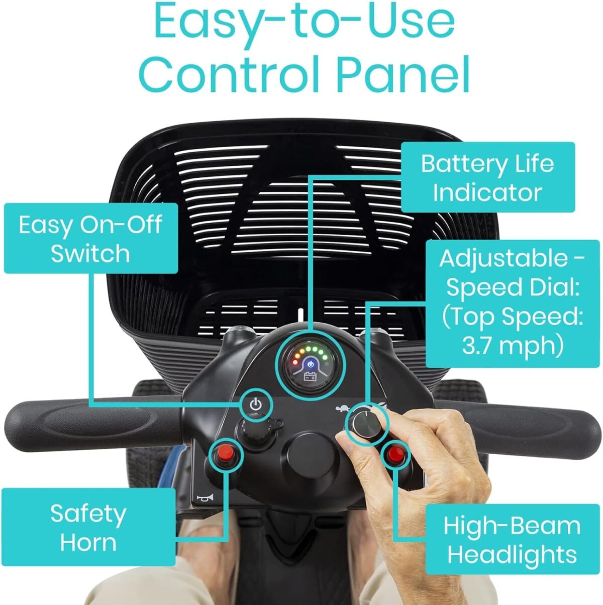 Vive 4 Wheel Mobility Scooter - Electric Powered Wheelchair Device - Compact Heavy Duty Mobile for Travel, Adults, Elderly - Long Range Power Extended Battery with Charger & Basket (FSA/HSA Eligible) - Image 6