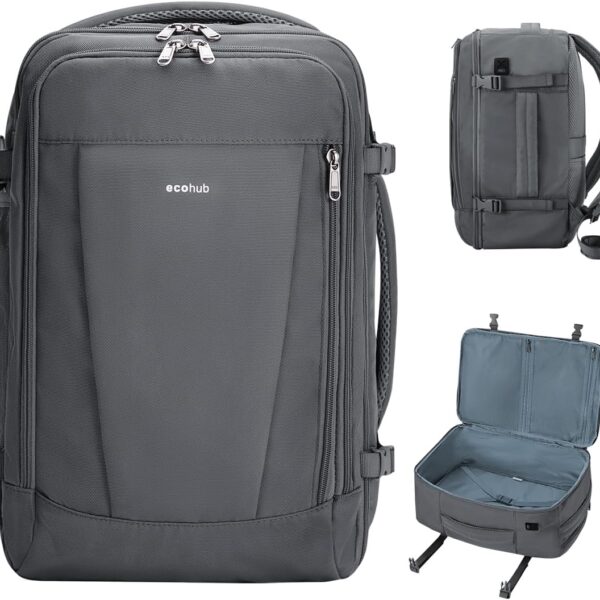 ECOHUB 17'' Travel Backpack, Personal Item Backpack with 13 Pockets, Flight Approved Carry on Backpack with USB Port & Luggage Sleeve, Travel bag for Men & Women, Water Resistant Backpack, Grey