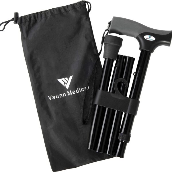 FSA/HSA Eligible, Vaunn Medical Easy Grip Height Adjustable Folding Cane/Walking Stick with Strap/Pouch- Compact, Portable, and Safe Walking Assistant- Non-Slip Grip Handle- Men, Women, Elderly