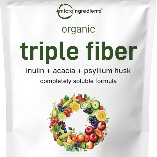 Organic Fiber Supplement (Inulin, Acacia, Psyllium Husk), 2 Pounds, 3-in-1 Formula, Daily Soluble Fiber, Unflavored, Prebiotics Supplement for Digestive Health, Hunger Control, Vegan