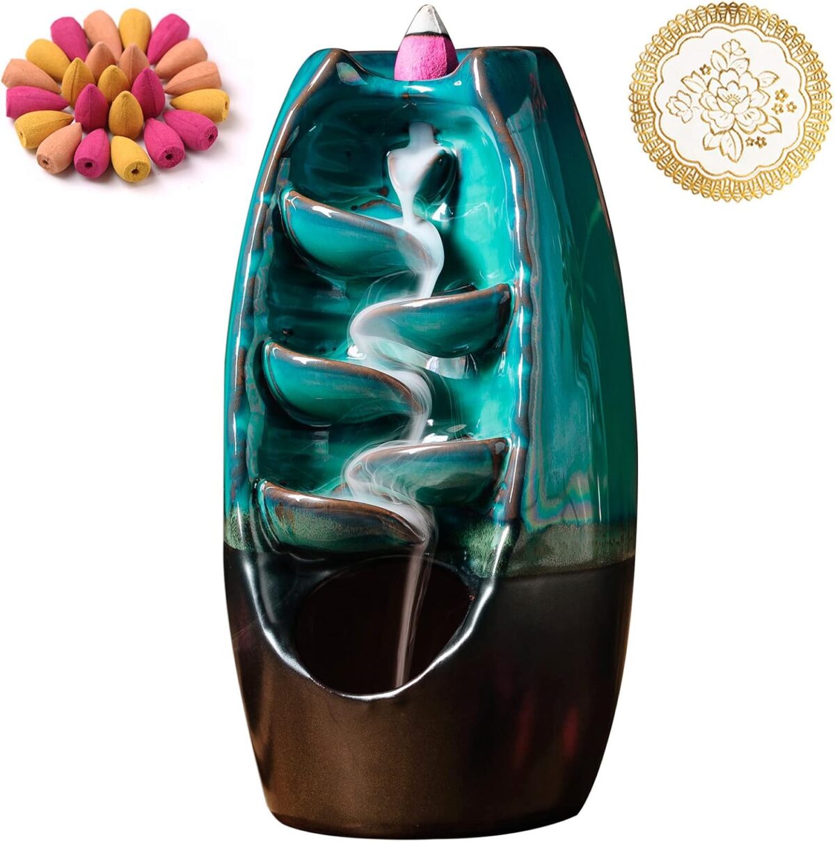 INONE Ceramic Incense Burner with 100 Upgraded Cones, Waterfall Backflow Incense Holder, Aromatherapy Ornament, Zen Decor, Home Decor, Room Decor (Cyan) - Image 1
