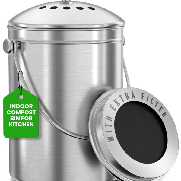Utopia Kitchen Compost Bin for Kitchen Countertop, 1.3 Gallon Compost Bucket for Kitchen with Lid, Includes 1 Spare Charcoal Filter, Home Essentials - (Silver)
