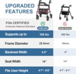 Foldable Rollator Walkers with Seat for Seniors, 8'' Big Wheels, 350 lb. Weight Capacity, Adjustable Handles and Seat Height, Lightweight Rolling Walker, Red - Image 7