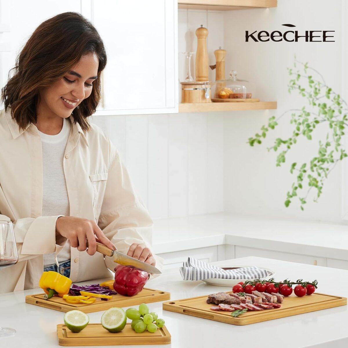 Wood Cutting Board for Kitchen - Reversible Bamboo Cutting Boards Gift Set of 3 with Juice Groove, Wooden Chopping Board for Meat, Fruit, Vegetables & Cheese (Pre Oiled, Natural) - Image 7