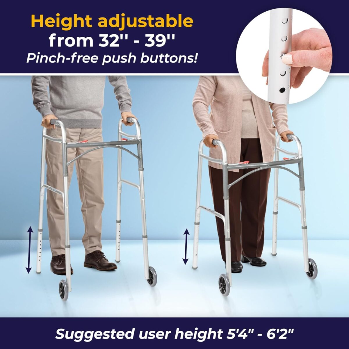 Drive Medical 10210-1 2-Button Folding Walker with Wheels, Rolling Walker, Front Wheel Walker, Lightweight Walkers for Seniors and Adults Weighing Up To 350 Pounds, Adjustable Height, Silver - Image 3