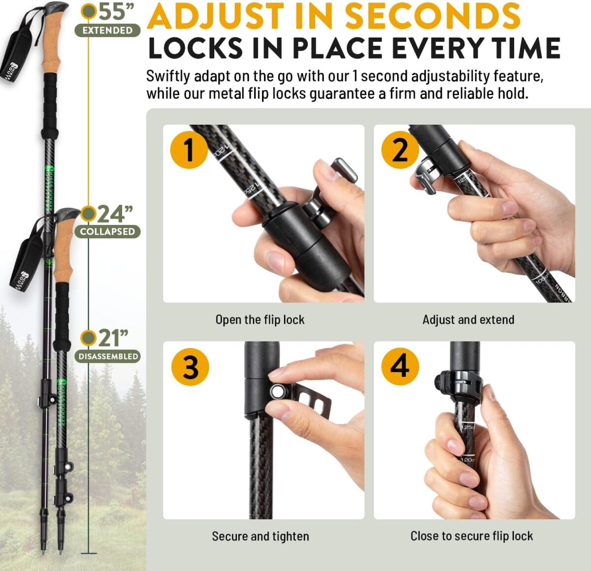 100% Carbon Fiber Trekking Poles by USA Brand - Ultra Strong Lightweight Collapsible Hiking Poles with Cork and EVA Foam Grips & Quick Adjustable Flip Locks - Image 5