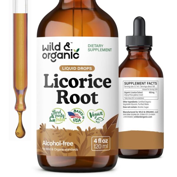 Wild & Organic Licorice Root Tincture - Digestive, Lung & Skin Support - Licorice Root Extract Liquid Drops - Vegan, Sugar & Alcohol-Free Supplement - 4 fl oz