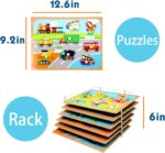 WOOD CITY Toddler Puzzles and Rack Set, Wooden Peg Puzzles Bundle with Storage Holder Rack, Educational Knob Puzzle for Kids Age 2 3 4 Years - Alphabet Number Shape Dinosaur Animal Vehicle - Image 7