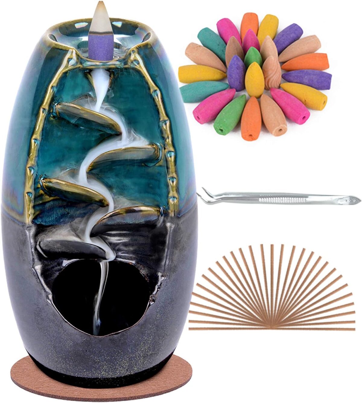 SPACEKEEPER Ceramic Backflow Incense Holder and Burner Waterfall, with 120 Backflow Incense Cones + 30 Incense Stick, Aromatherapy Ornament Home Decor, Blue Set - Image 1